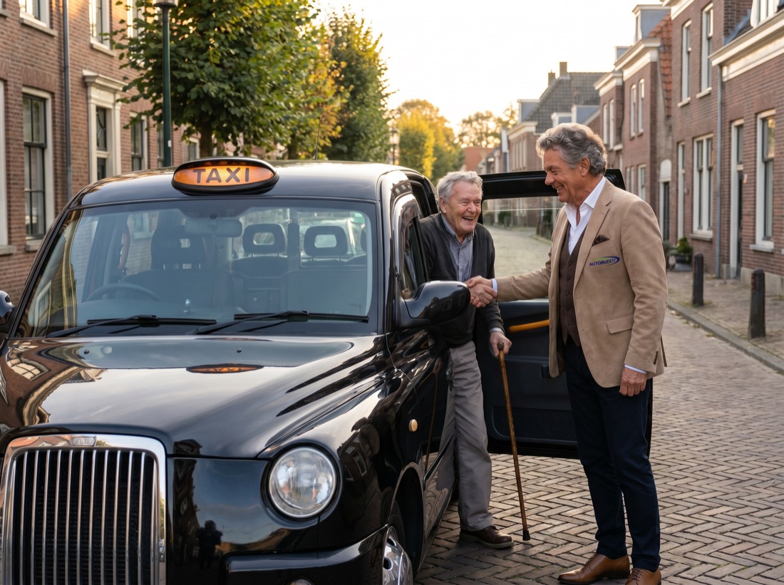Vrijwillige chauffeur helpt een oudere passagier lachend uit de London taxi